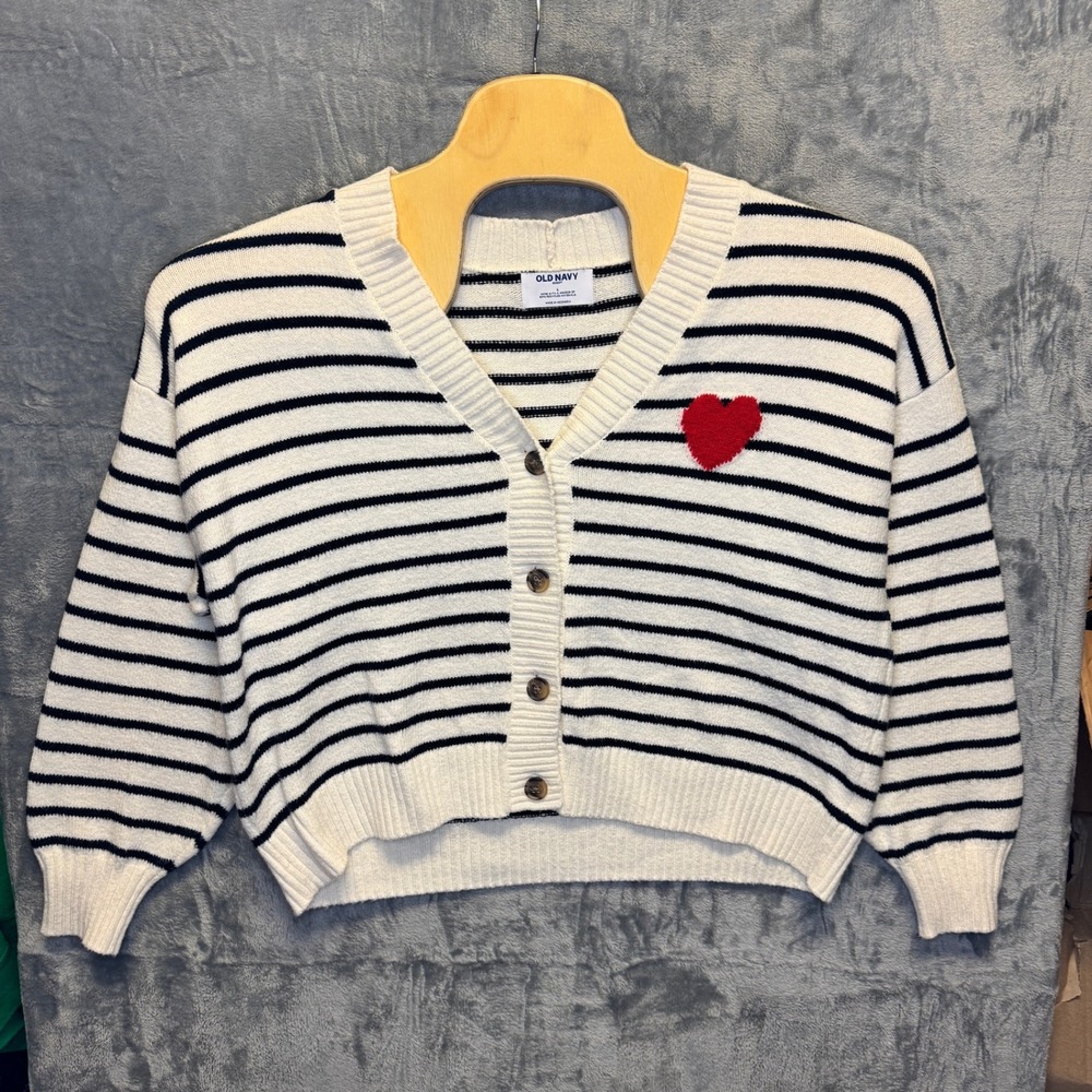 2160 | Old Navy SoSoft Striped Heart Cardigan Sweater White Women Large